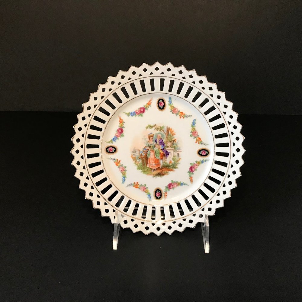 Lace Edge Porcelain Reticulated Floral Plate Dish Victorian Courting Scene